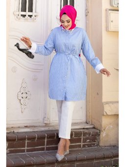 Yakası Taş Detaylı Beli Bağlamalı Çizgili Mavi Tunik