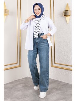 Yüksek Bel Palazzo Koyu Mavi Kot Pantolon