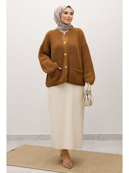 Yumuşak Dokulu Düğmeli Triko Taba Hırka