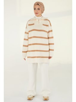 Fitili Fermuarlı Çizgili Kazak Ekru