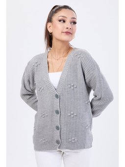 Kabarcıklı Düğmeli Triko Grı Hırka Gri