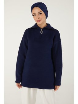 Lacıvert Fitili Fermuarlı Triko Kazak Lacivert