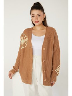 Nakışlı Düğmeli Triko Hırka Vizon