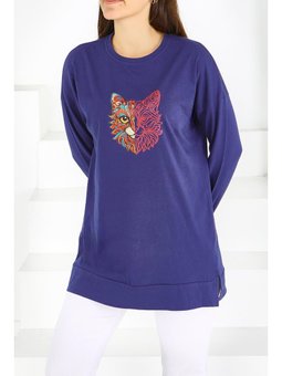 Uzun Kollu Baskılı Süprem Tunik Lacivert