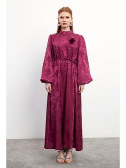 Gül Detaylı Jakar Bordo Elbise