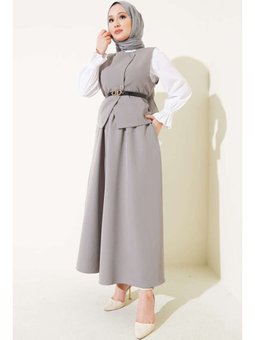 Çapraz Düğmeli Kemerli Etekli İkili Gri Takım