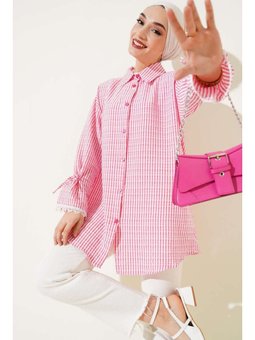 Çizgili Kolu Dantelli Gofre Pembe Gömlek