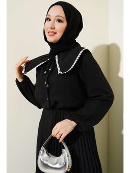 Denizci Yaka Güpürlü Siyah Gömlek