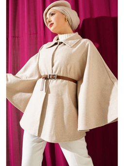 Gömlek Yaka Kemerli Kaşe Bej Panço