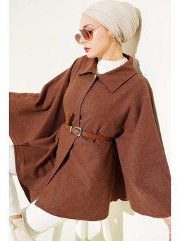 Gömlek Yaka Kemerli Kaşe Kahverengi Panço