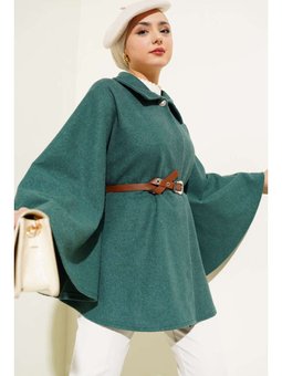 Gömlek Yaka Kemerli Kaşe Yeşil Panço