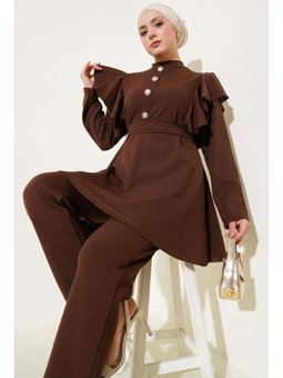 Omuz Fırfırlı Düğme Detaylı İkili Kahverengi Takım
