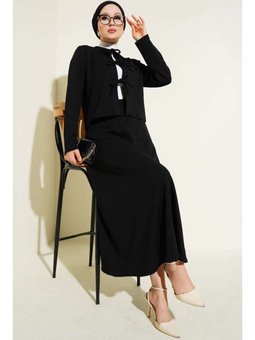 Önü Bağcıklı Ceket Etek İkili Siyah Takım