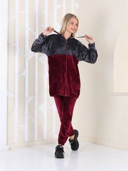 Bordo Siyah Kadife Kapüşonlu Eşofman Takım