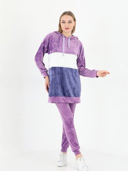 Lila Fransız Kadife Kapüşonlu Eşofman Takım