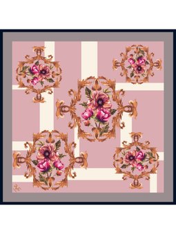 Barok Çiçek Desen Black Seri Twill Eşarp Askısı İle Birlikte 90x90 Cm Gri Pembe