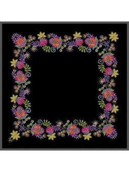 Çiçekli Desen Gold Seri Twill Askısı İle Birlikte 90x90 Cm Siyah Fuşya Eşarp Renkli