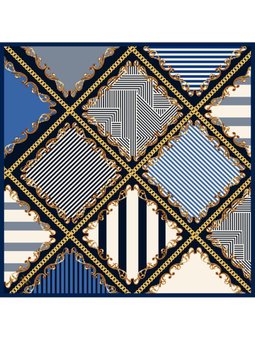 Geometrik Desen Black Seri Twill Askısı İle Birlikte 90x90 Cm Lacivert Eşarp Gold