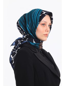 Leopar Desen Gold Seri Twill Askısı İle Birlikte 90x90 Cm Lacivert Petrol Eşarp Mavisi