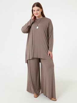 Doğal Kumaşlı Rahat Kalıp Tunik & Pantolon Büyük Beden Vizon Takım