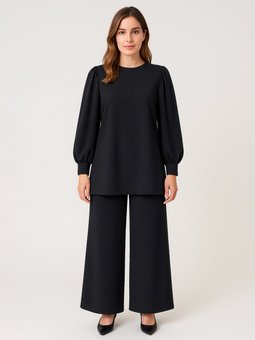 Krep Kumaşlı Bluz & Pantolon Büyük Beden İkili Siyah Takım