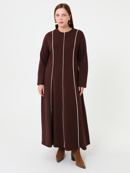 Şerit Detaylı Kahverengi Elbise Büyük Beden