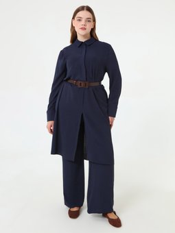 Yarın Patlı Uzun Tunik & Pantolon Büyük Beden Lacivert Takım