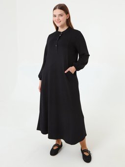 Yumuşak Tuşeli Çıtçıt Detaylı Büyük Beden Siyah Elbise