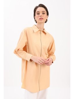 Fermuarlı Manşeti Dubleli Gömlek Tunik Bej