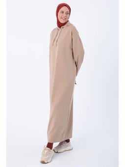 Kapüşonlu Örme Elbise Bej