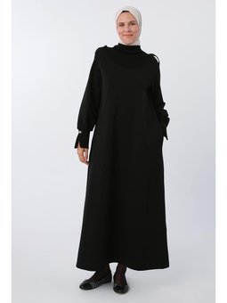 Pamuklu Kolları Düğmeli Apoletli Elbise Siyah