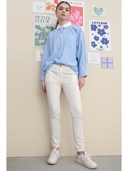 Pamuklu Ütü İzli Cepli Likralı Dar Paça Pantolon Kırık Beyaz