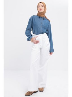 Pileli Geniş Paça Pantolon Beyaz