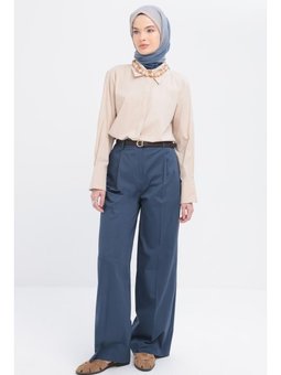 Pileli Geniş Paça Pantolon İndigo