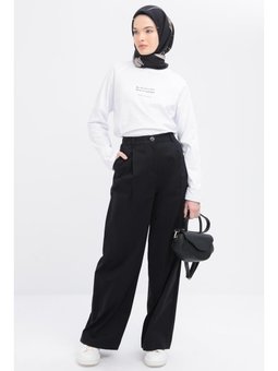 Pileli Geniş Paça Pantolon Siyah