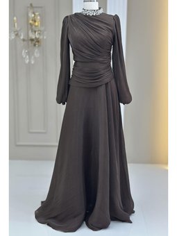 Nergis Koyu Kahve Abiye Elbise