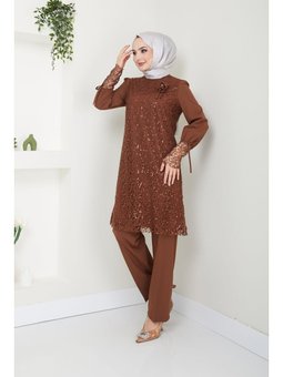 Giyim Moda File Pullu Abiye Takım Elbise Kahverengi