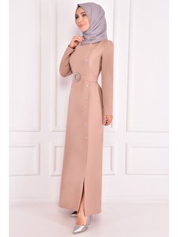 Giyim Moda Taşlı Krep Uzun Tesettür Abiye Elbise  elbise Vizon