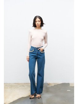 Cep Detayı İncili Bol Paça Cotton Denim Koyu Mavi Pantolon