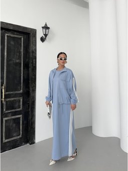 Oversize Kalıp Etek Ucu Yırtmaç Detaylı Elbise Ve Fermuar Kapamalı Cepli Lastikli Sweat Pamuklu Örme Takım İndigo