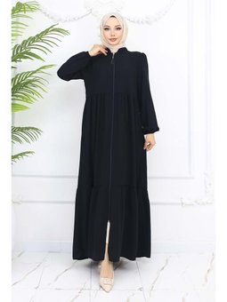 Büzgü Detaylı Fermuarlı Siyah Ferace