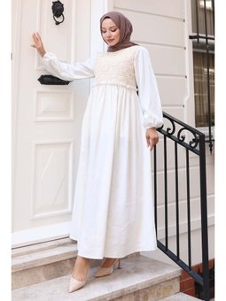 Dantel Detaylı Keten Elbise Taş Rengi