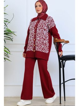 Desenli Düğme Detaylı Triko Bordo Takım