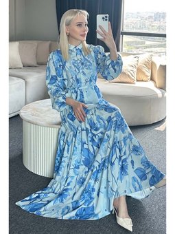 Desenli Elbise Mavi