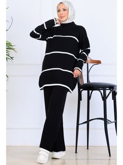 Fitilli Çizgili Triko Siyah Takım