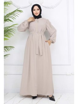 Gizli Fermuarlı Kuşaklı Taş Rengi Ferace