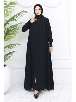 Kolları Gipeli Fermuarlı Siyah Ferace