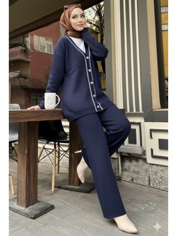 Şerit Detaylı Triko Ceket Lacivert Takım