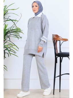 Taş İşlemeli Triko Gri Takım