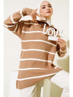Yaka Fermuarlı Çizgili Triko Vizon Tunik